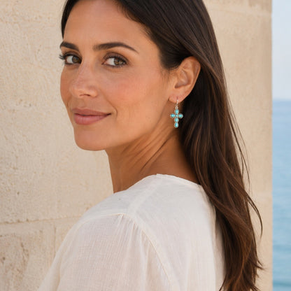 Sacred Sky Blue Turquoise Silver Cross Earrings