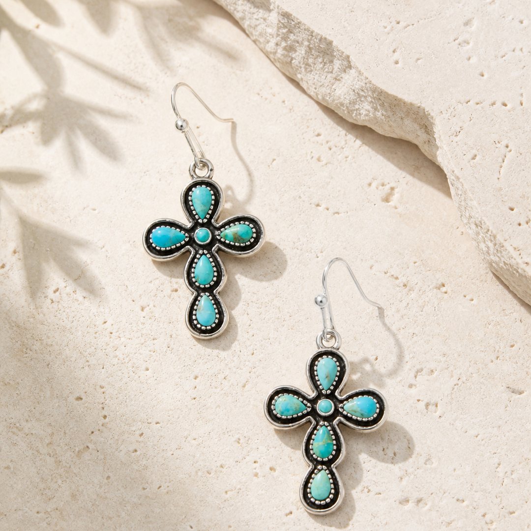 Sacred Sky Blue Turquoise Silver Cross Earrings