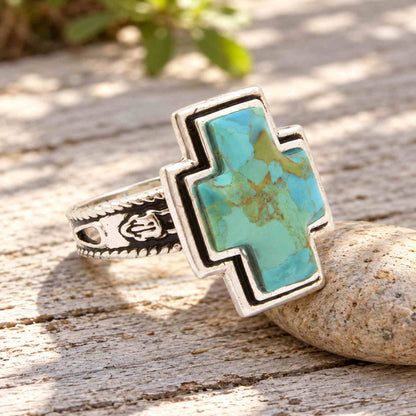 Blue Turquoise Silver Cross Statement ring