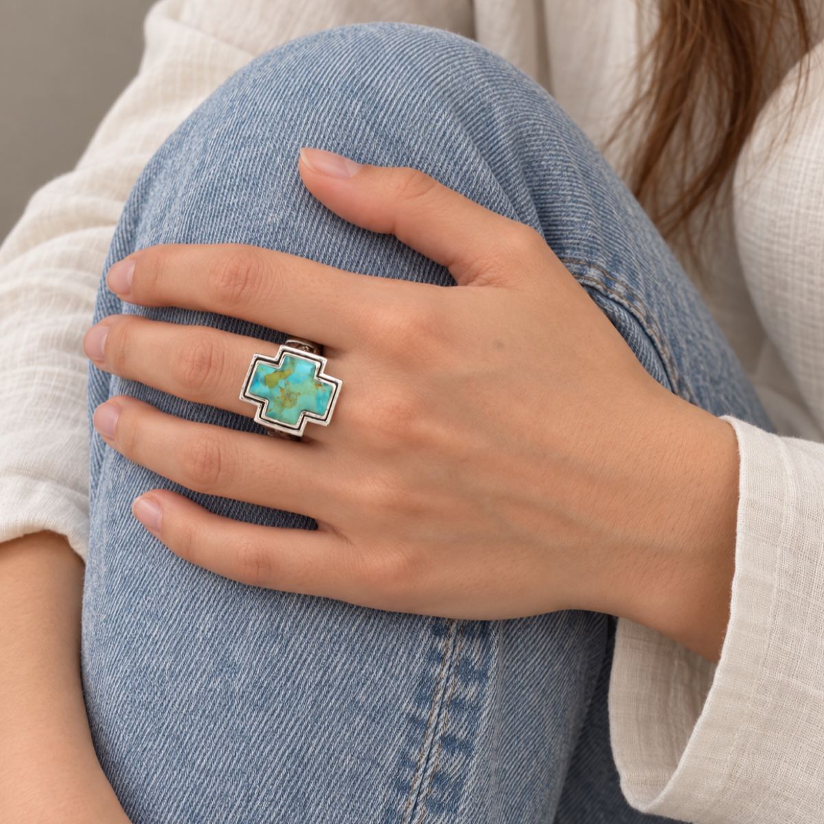 Blue Turquoise Silver Cross Statement ring