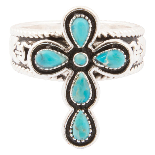 Sacred Sky Blue Turquoise Silver Cross Ring