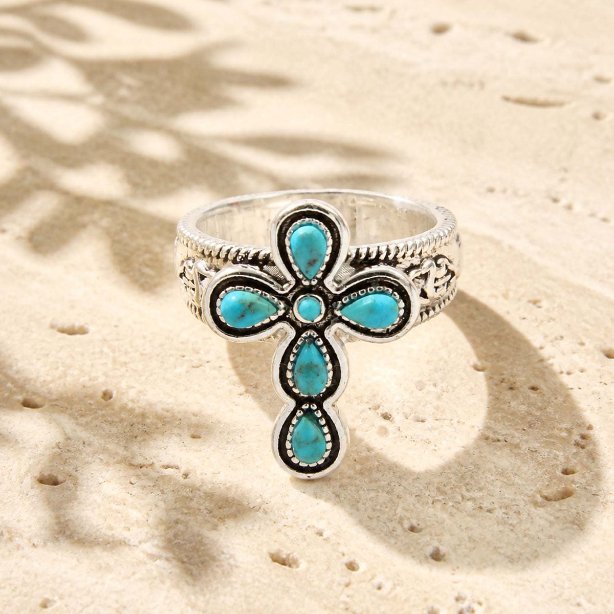 Sacred Sky Blue Turquoise Silver Cross Ring