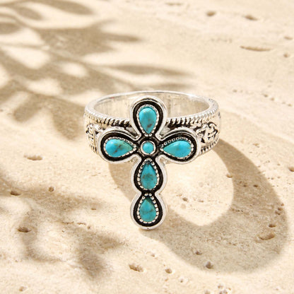 Sacred Sky Blue Turquoise Silver Cross Ring