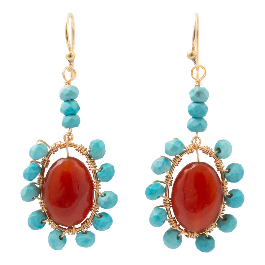 Canyon Flame Orange Carnelian and Blue Turquoise Golden Drop Earrings