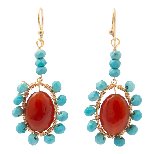 Canyon Flame Orange Carnelian and Blue Turquoise Golden Drop Earrings