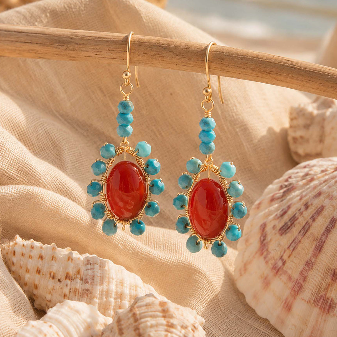 Canyon Flame Orange Carnelian and Blue Turquoise Golden Drop Earrings