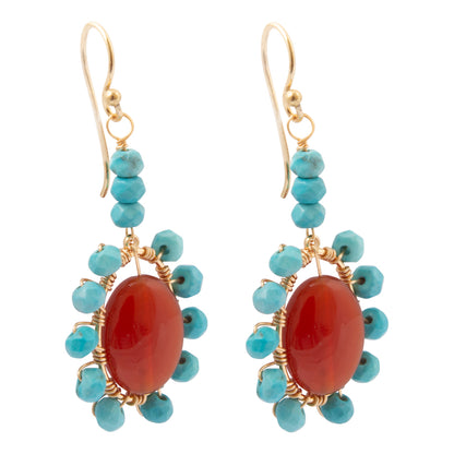 Canyon Flame Orange Carnelian and Blue Turquoise Golden Drop Earrings