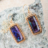 Filigreed Purple Amethyst Rectangular Shape Golden Drop Earrings