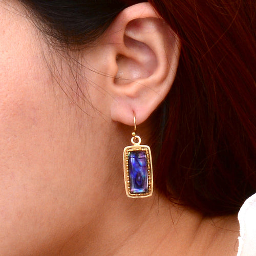 Filigreed Purple Amethyst Rectangular Shape Golden Drop Earrings