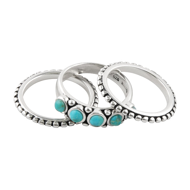 Set of silver rings with turquoise stones on a white background