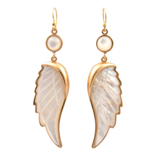Pair of angel wing earrings with gold accents on a white background