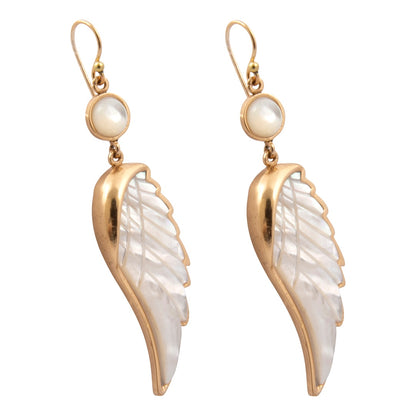 Gold and white feather-shaped earrings on a white background