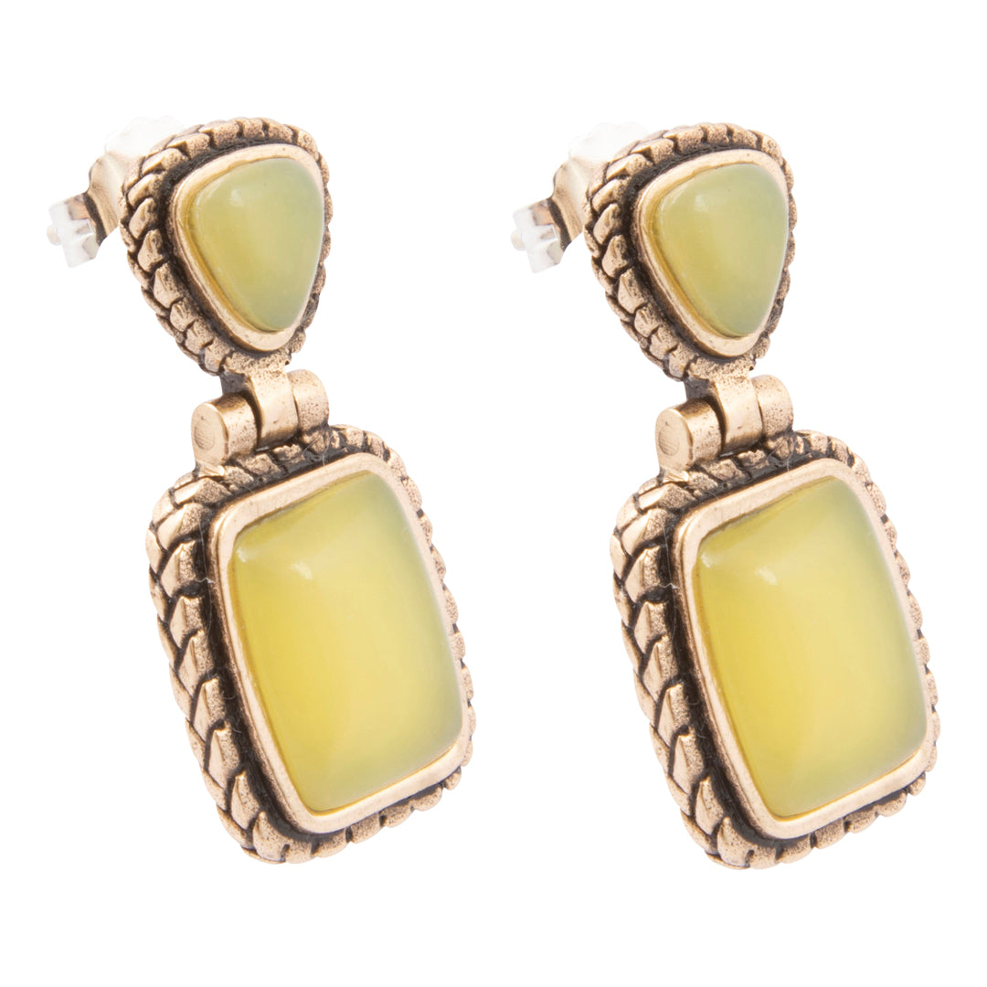 Pair of earrings with green stones and gold-tone settings on a white background