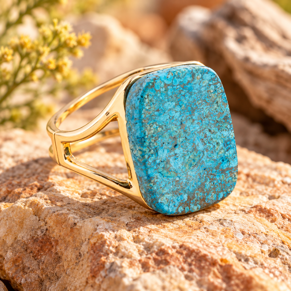 Vibrant Blue Ocean Jade Golden Statement Cuff Bracelet