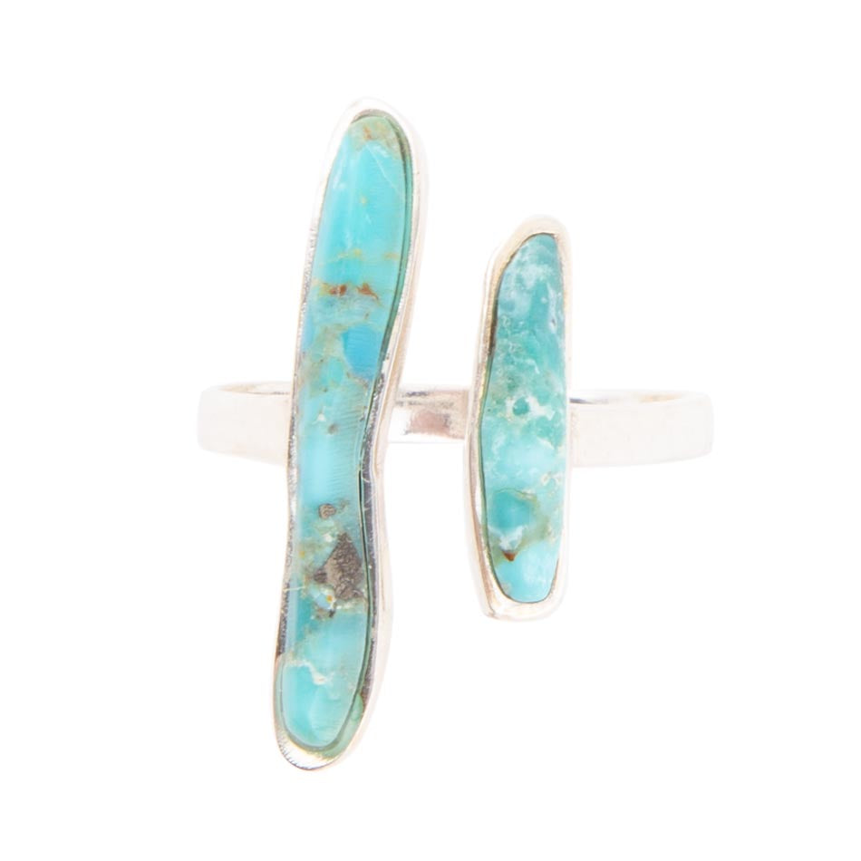 Turquoise stone ring with silver band on a white background