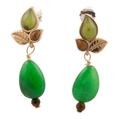 Green Jasper Golden Leaves Post Earrings