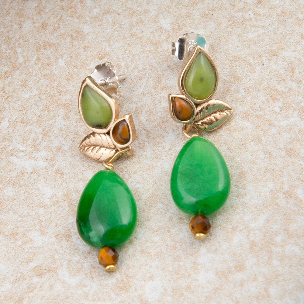 Green Jasper Golden Leaves Post Earrings