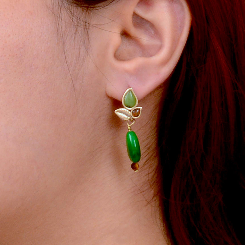 Green Jasper Golden Leaves Post Earrings