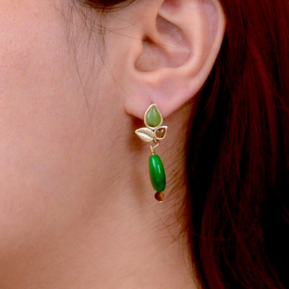 Green Jasper Golden Leaves Post Earrings