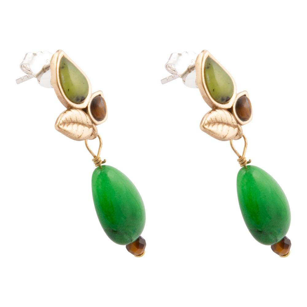 Green Jasper Golden Leaves Post Earrings