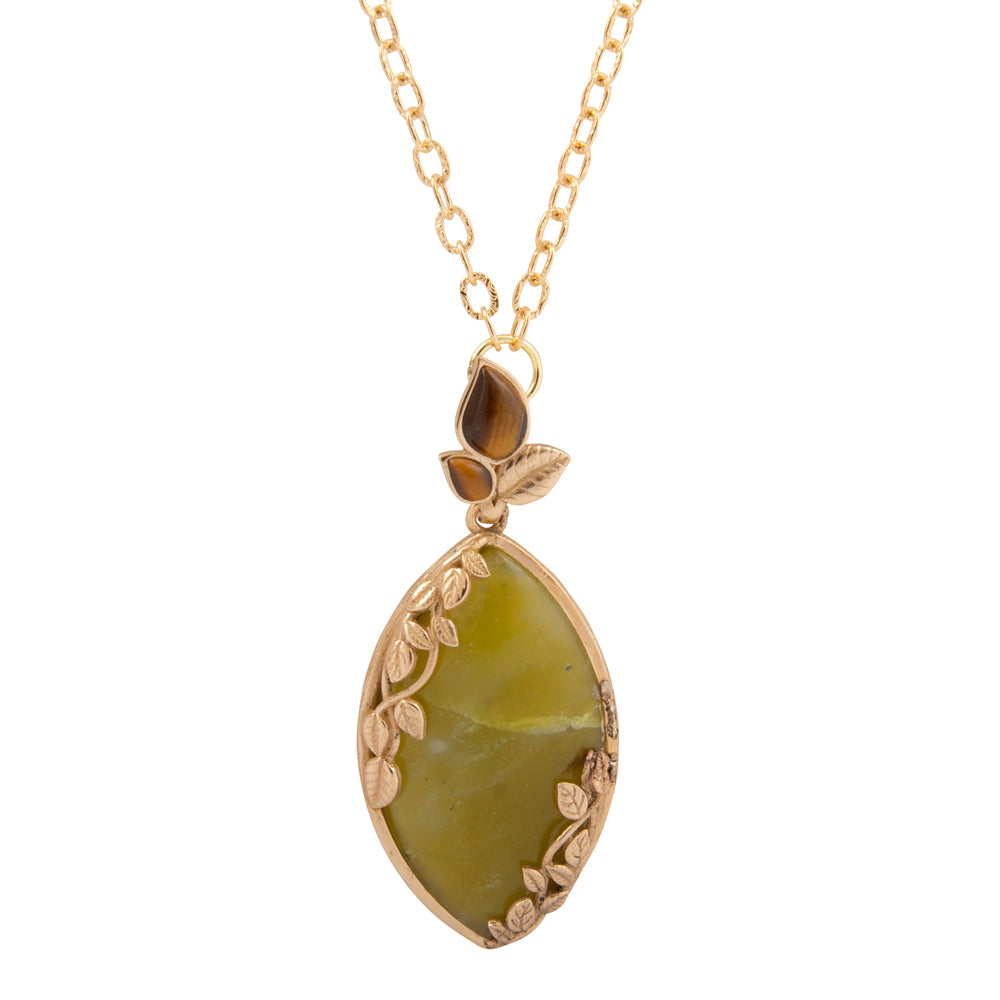 Golden Vines Green Jasper Long Pendant Necklace