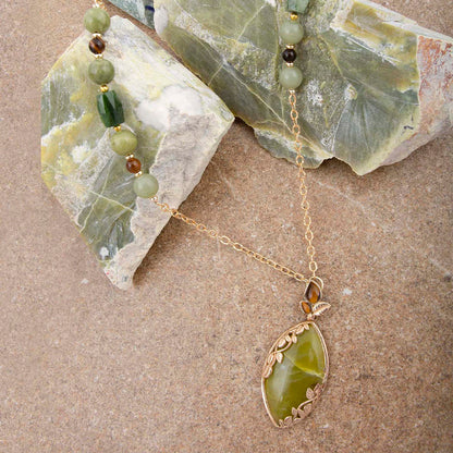 Golden Vines Green Jasper Long Pendant Necklace