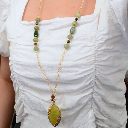Golden Vines Green Jasper Long Pendant Necklace