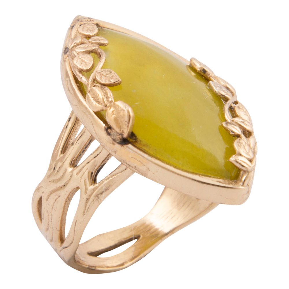 Gold ring with a green stone on a white background