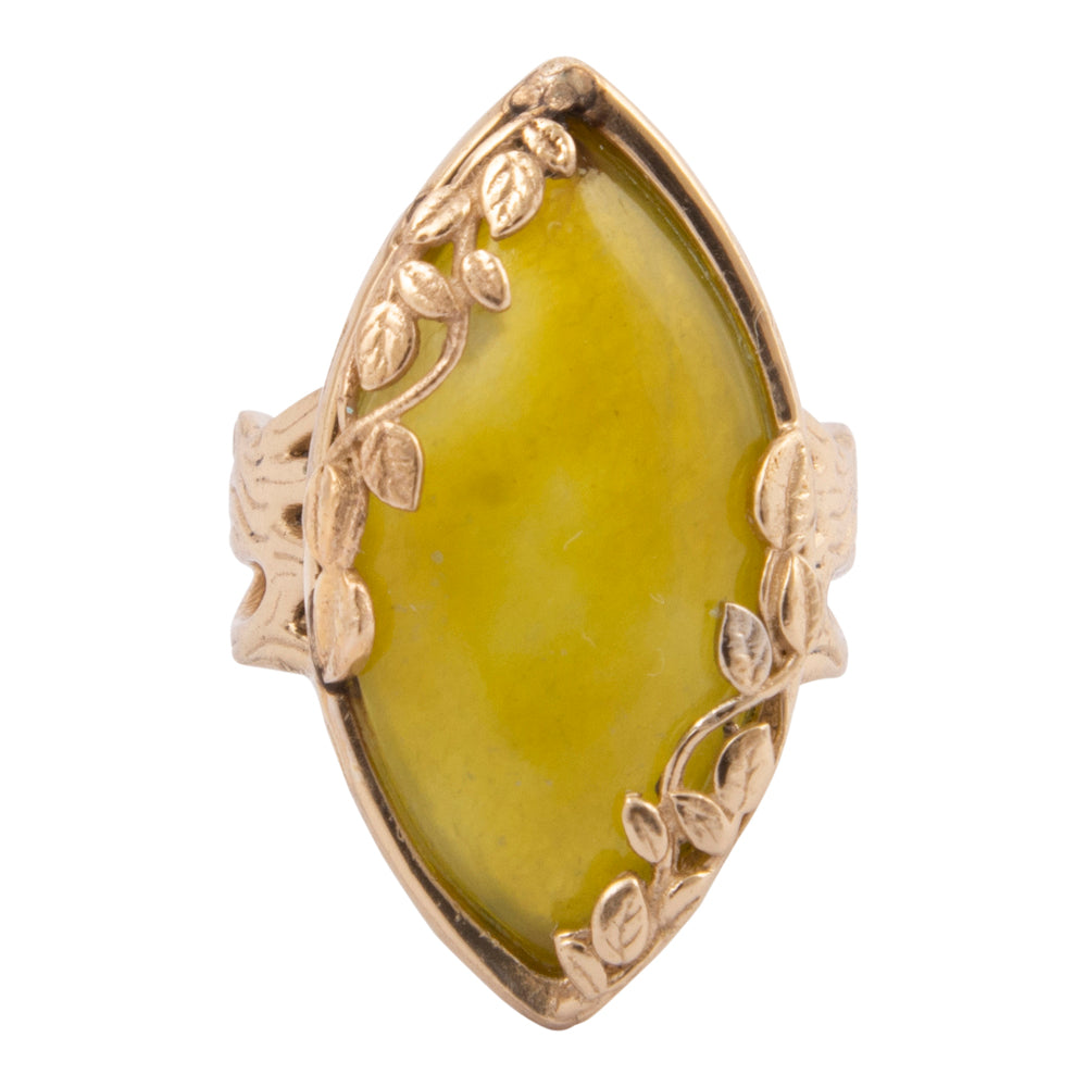 Gold ring with a green stone on a white background