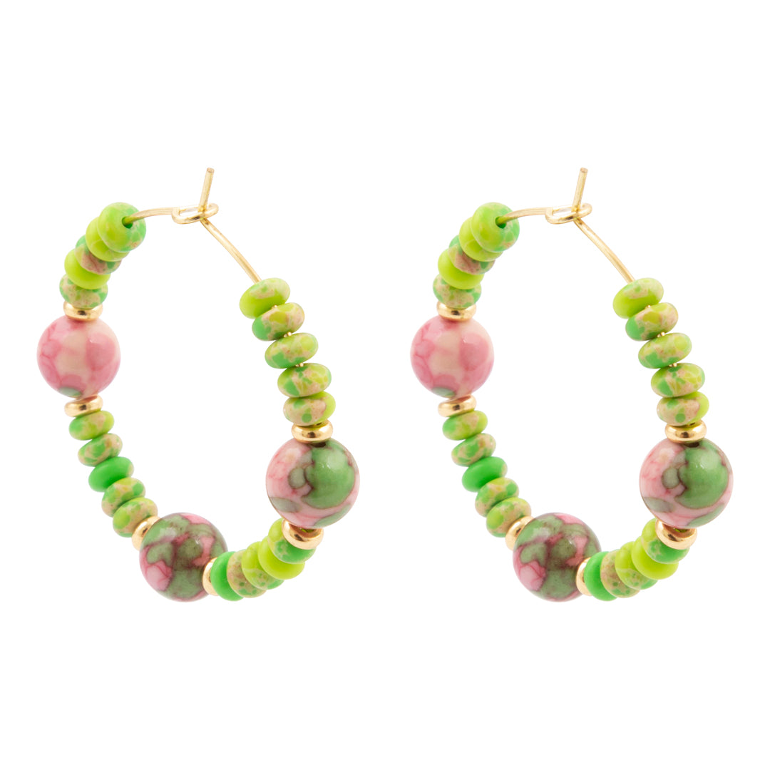 Hoop earrings with green and pink bead accents on a white background