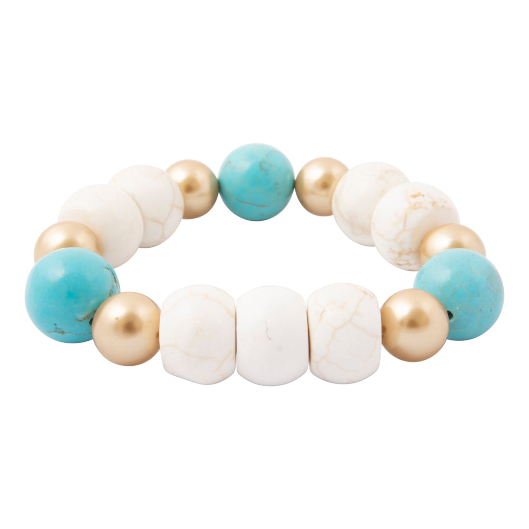 A beaded stretch bracelet featuring light blue turquoise beads, white marble beads, and metallic gold spacer beads, displayed on a clean white background.