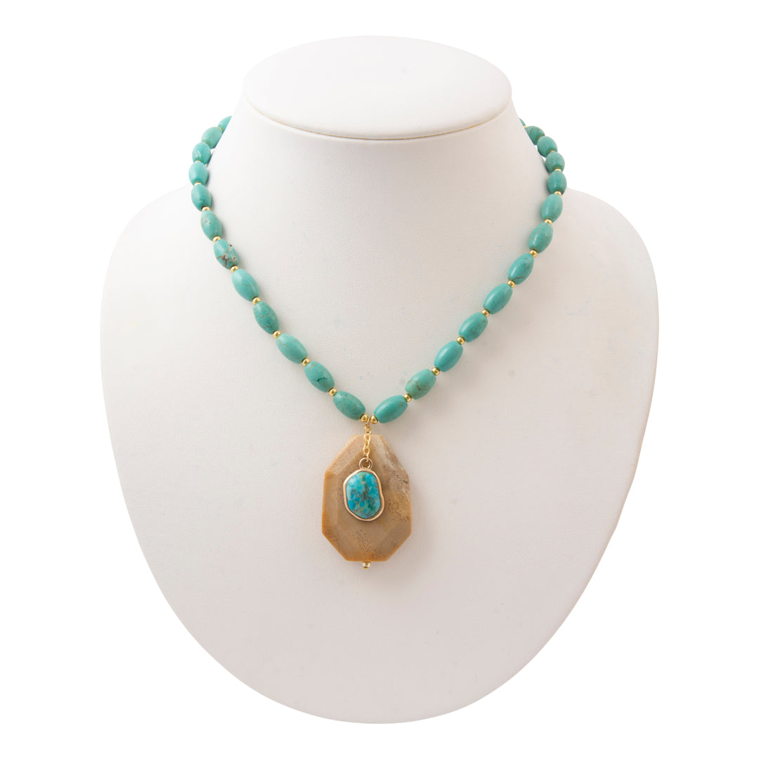 Wild Horse Jasper Blue Turquoise Pendant Golden Necklace