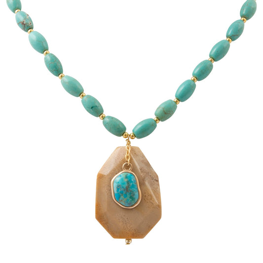 Wild Horse Jasper Blue Turquoise Pendant Golden Necklace