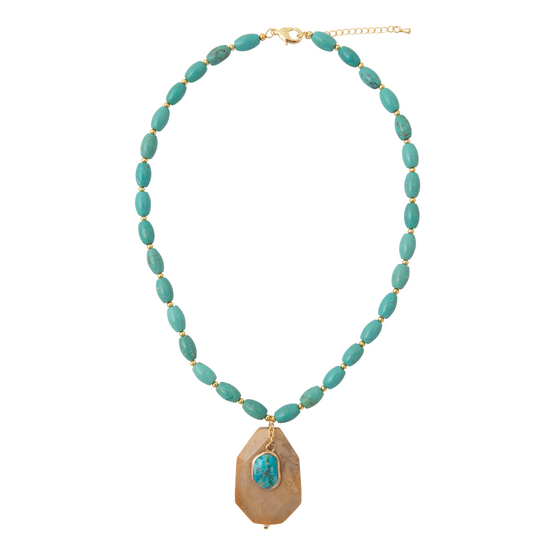 Wild Horse Jasper Blue Turquoise Pendant Golden Necklace