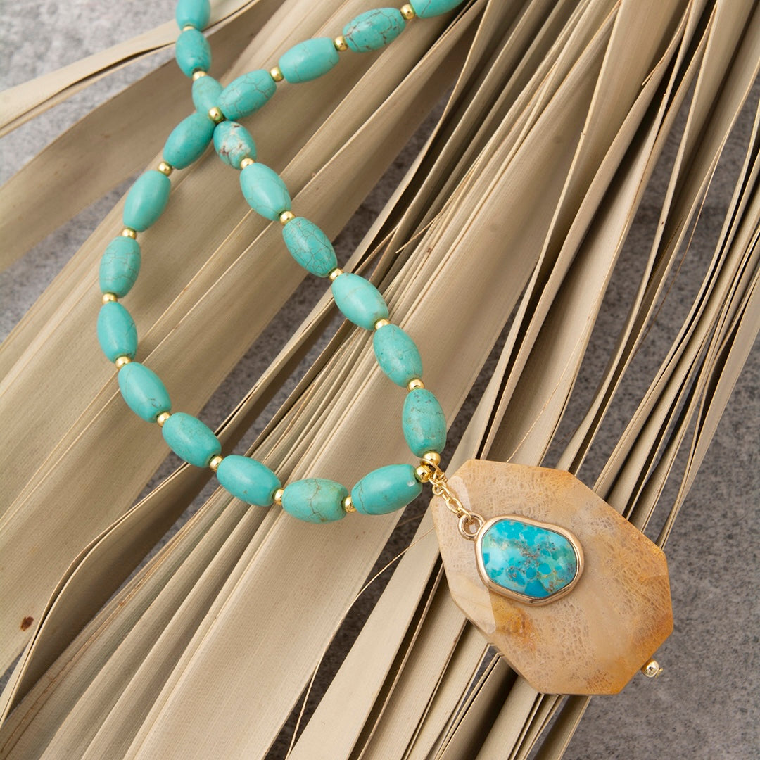 Wild Horse Jasper Blue Turquoise Pendant Golden Necklace