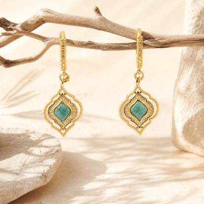 Gilded Blue Turquoise Golden Hoop Drop Earrings