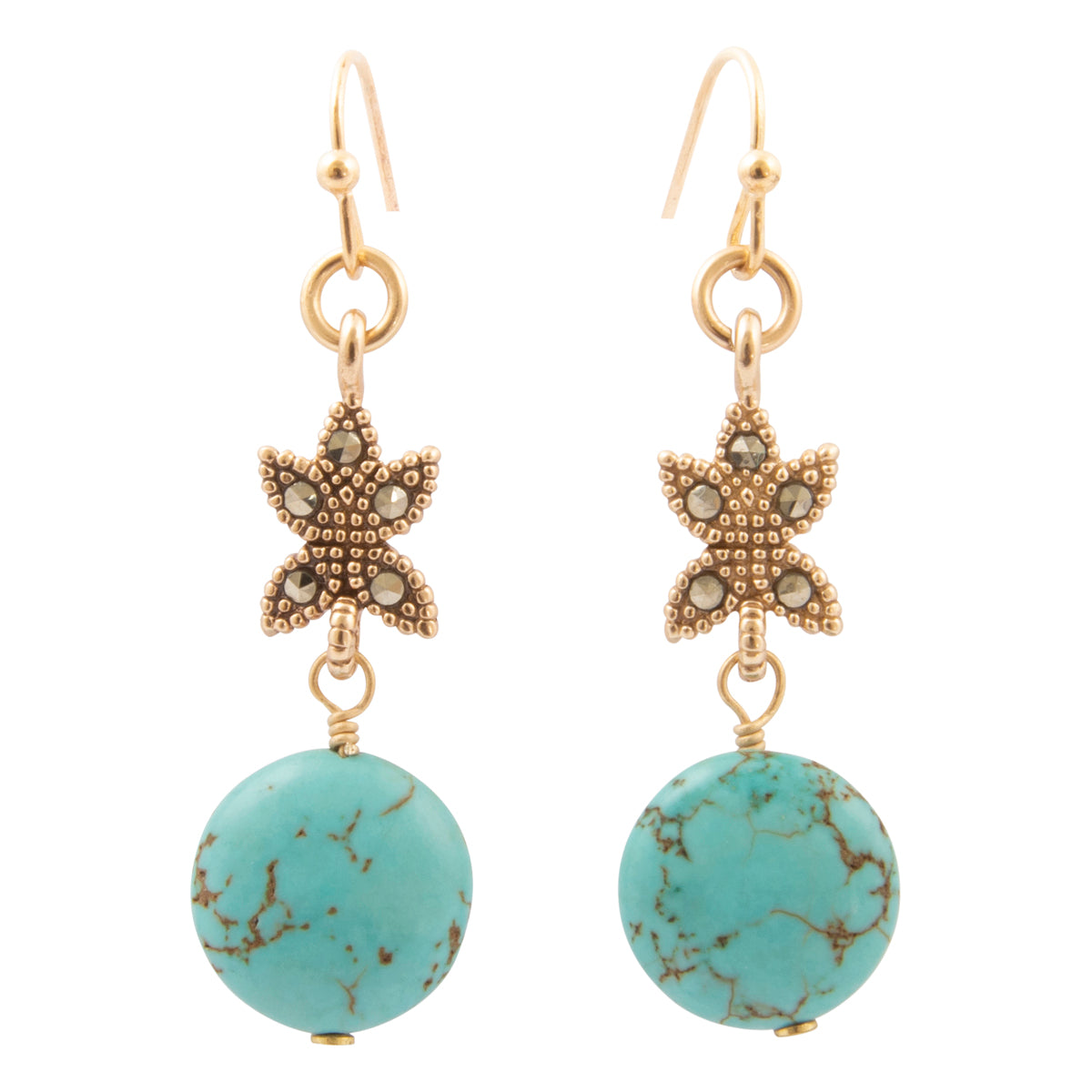 Honeyed Sky Blue Turquoise and Marcasite Golden Drop Earrings