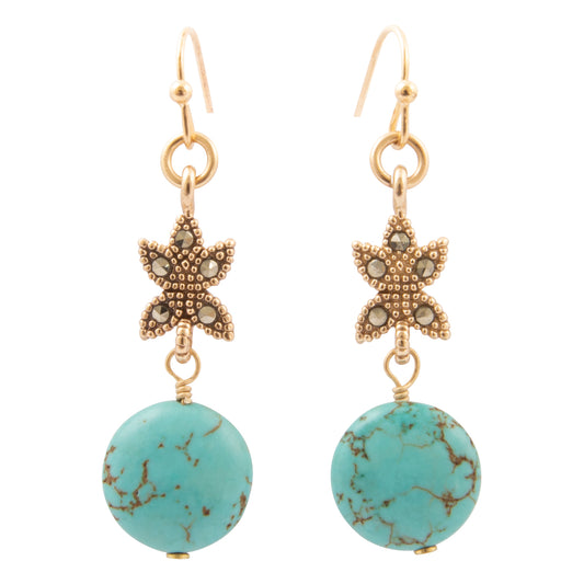 Honeyed Sky Blue Turquoise and Marcasite Golden Drop Earrings