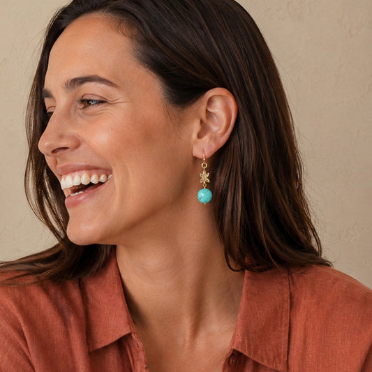 Honeyed Sky Blue Turquoise and Marcasite Golden Drop Earrings