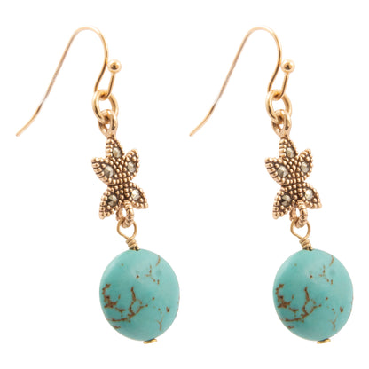 Honeyed Sky Blue Turquoise and Marcasite Golden Drop Earrings