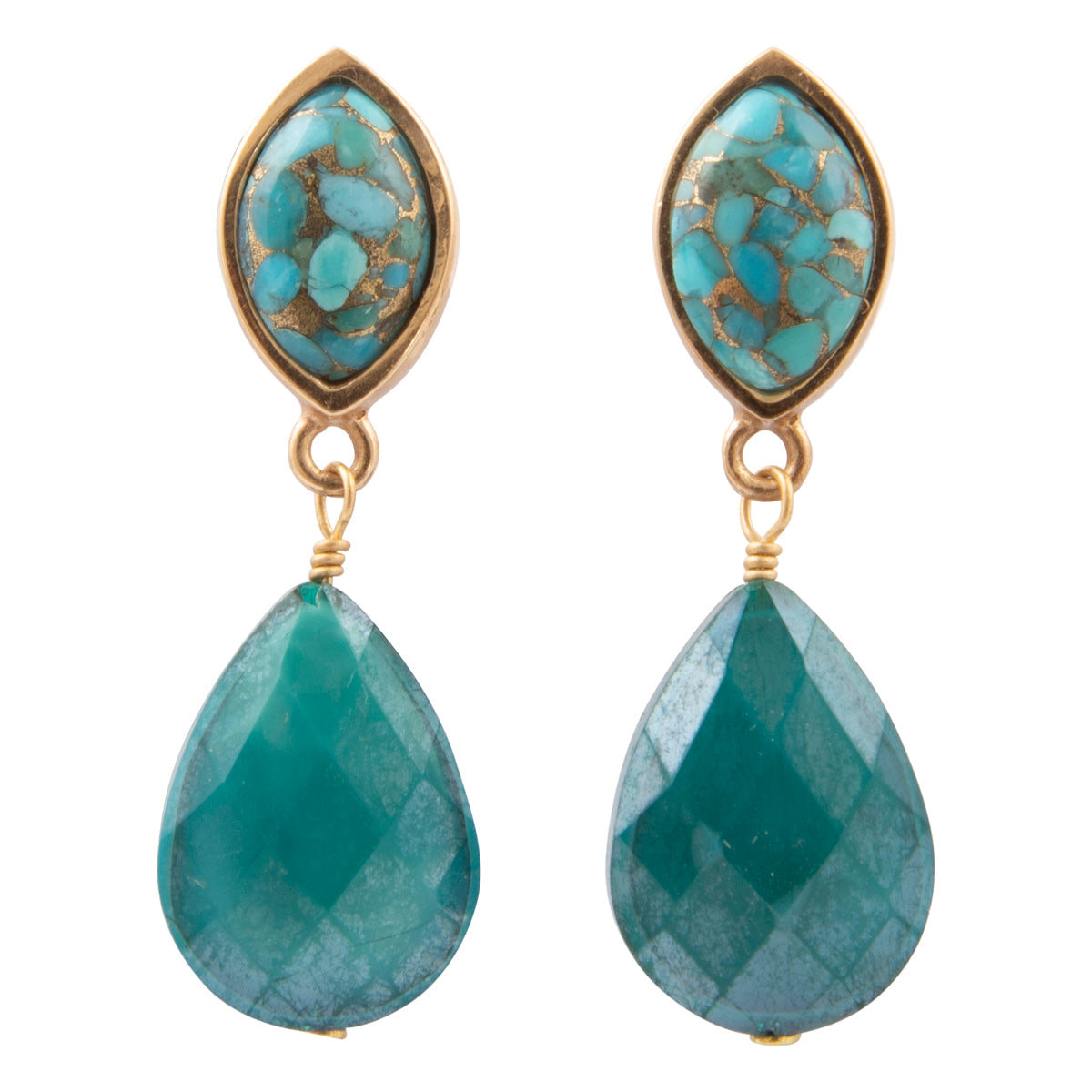 Barse Gilded Oasis double-drop earrings with turquoise golden matrix tops, teal crystal drops, and bronze settings on white.