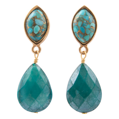 Barse Gilded Oasis double-drop earrings with turquoise golden matrix tops, teal crystal drops, and bronze settings on white.