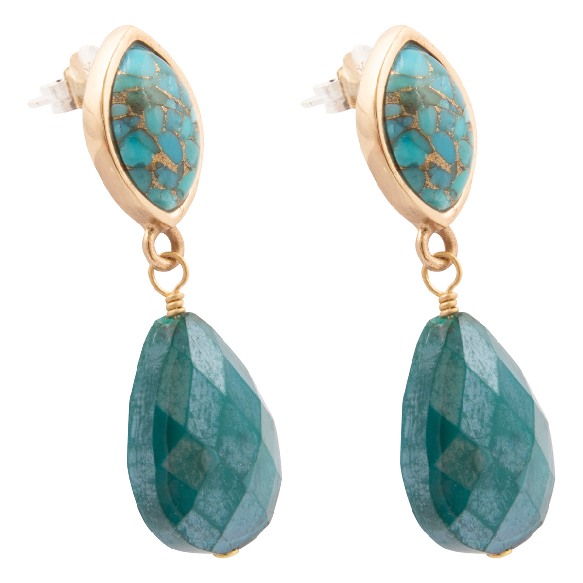 Side view of Barse Gilded Oasis turquoise and teal crystal earrings in bronze settings.