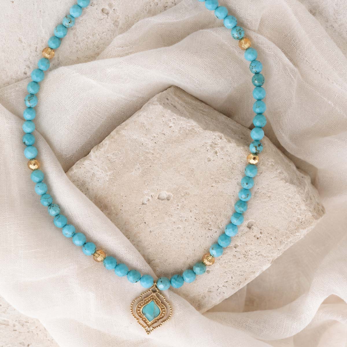 Gilded Oasis Blue Turquoise Golden Pendant Necklace