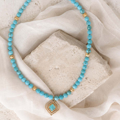 Gilded Oasis Blue Turquoise Golden Pendant Necklace