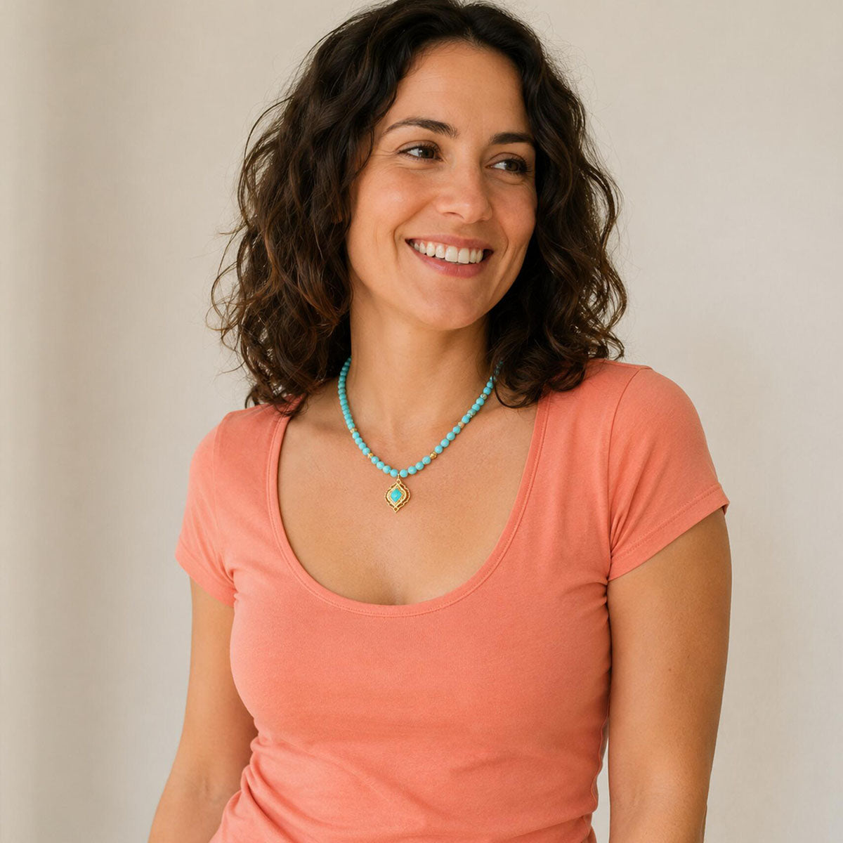 Gilded Oasis Blue Turquoise Golden Pendant Necklace