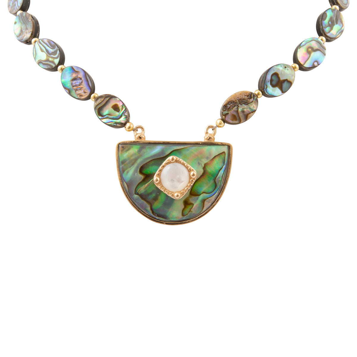 A necklace featuring a large gold-tone semicircle pendant with iridescent green and blue abalone shell inlay and a central white pearl, connected to a strand of smaller matching abalone shell beads on a white background.