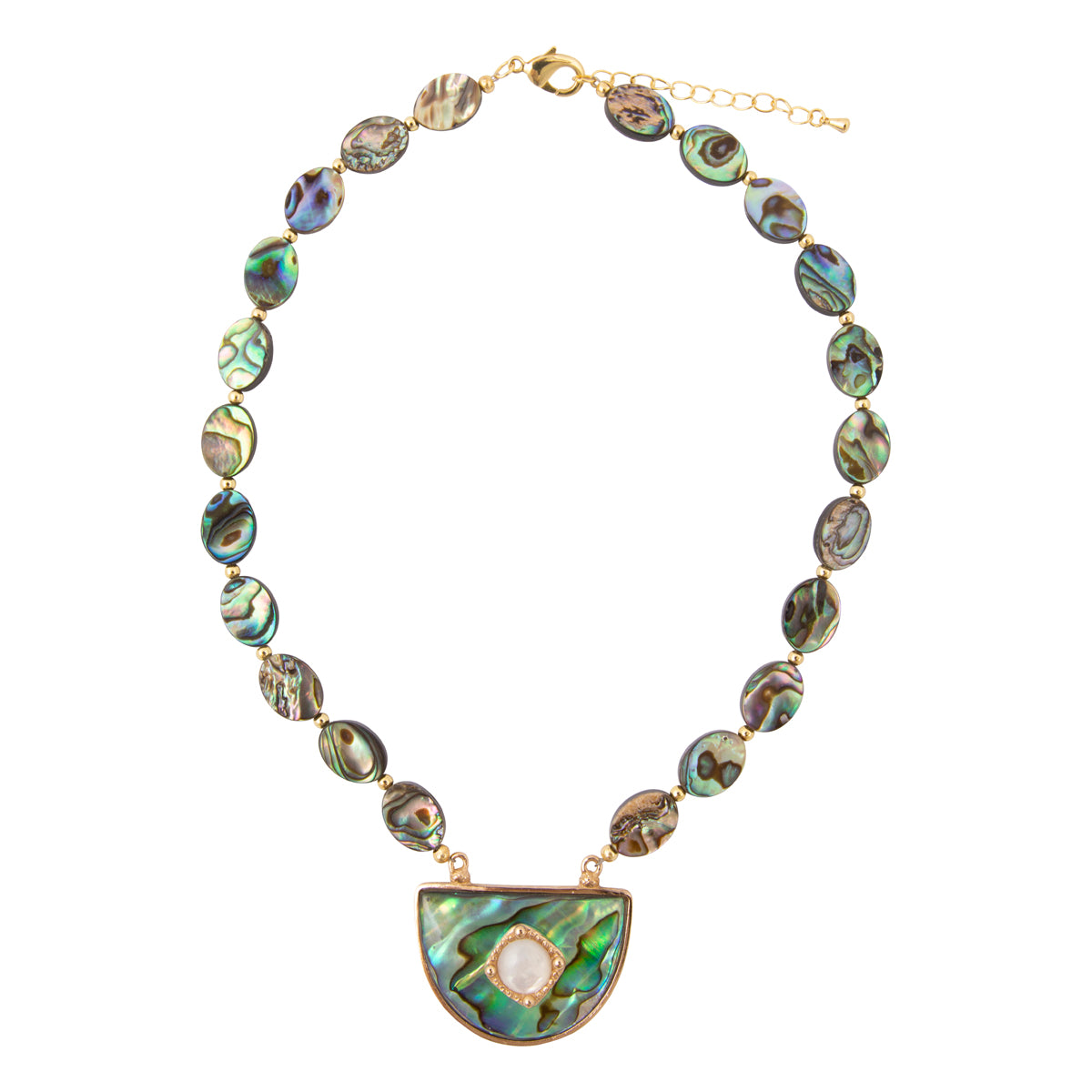 A beaded necklace featuring oval and teardrop-shaped abalone shell beads with iridescent green, blue, and brown patterns, accented by gold-tone metal links and a gold-tone extender chain. The necklace is completed with a large, matching fan-shaped pendant at the center, which contains a small white pearl-like stone in the middle.