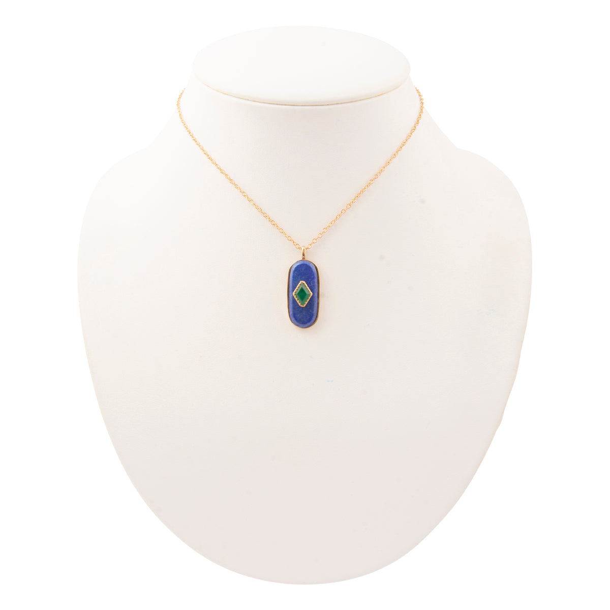 Night Sky Blue Lapis and Green Onyx Golden Pendant Necklace