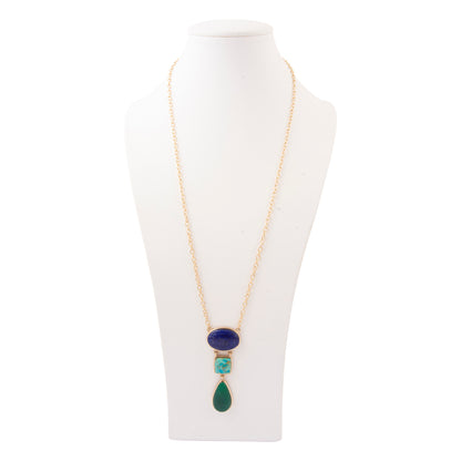 Azure Blue Lapis and Turquoise Green Agate Golden Pendant Necklace - bust view